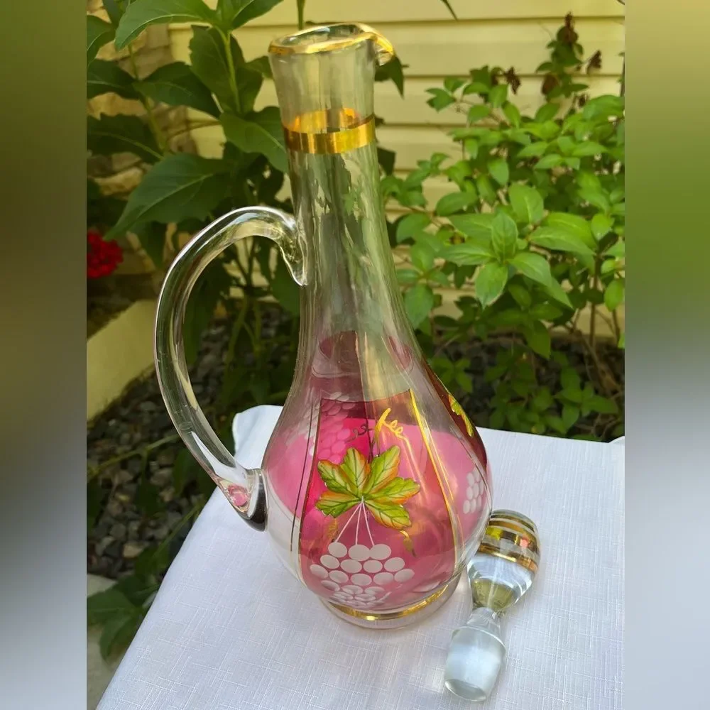 Vintage Hand Painted Beautiful Glass Wine  Decanter Carafe & 2-Shot Set 12”x4”